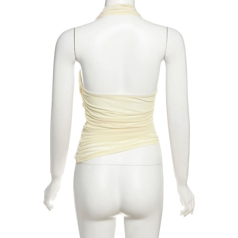 Halter ruched irregular mesh backless top  | Festival Outfits Women