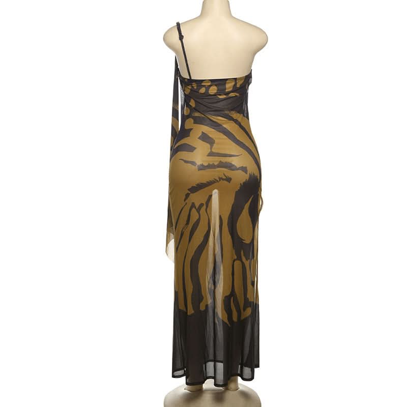One shoulder print slit irregular mesh maxi dress  | Festival Outfits Women