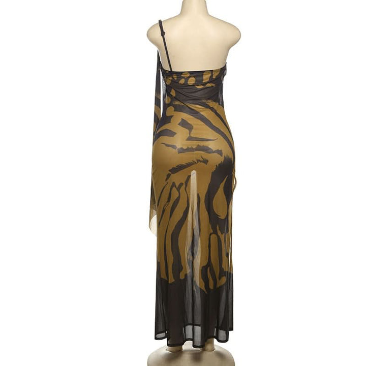 One shoulder print slit irregular mesh maxi dress  | Festival Outfits Women