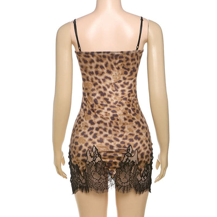 Leopard print lace hem v neck cami mini dress  | Festival Outfits Women  | Leopard Print Mini Dress