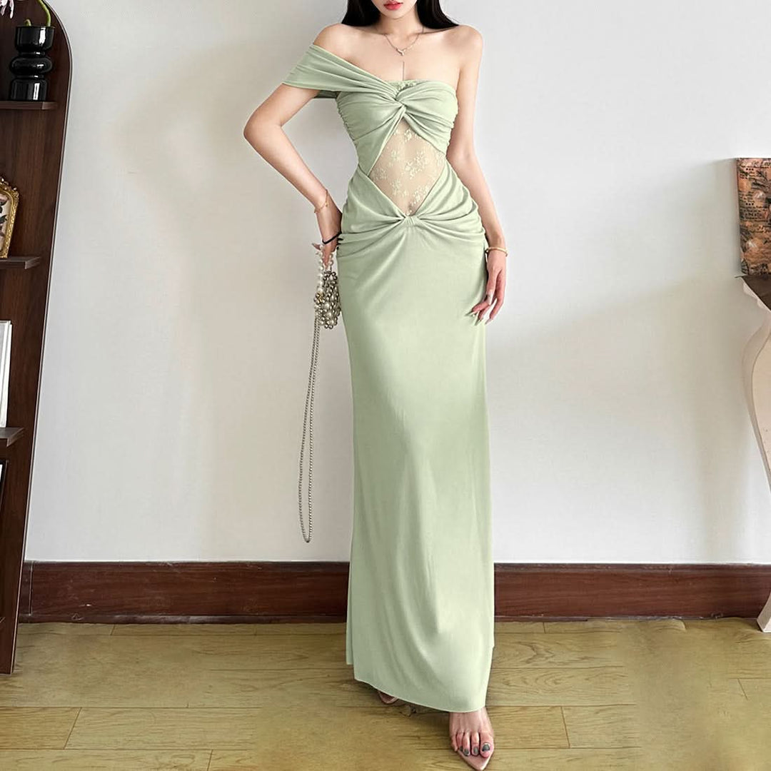 Ruched lace one shoulder irregular maxi dress  | Festival Outfits Women