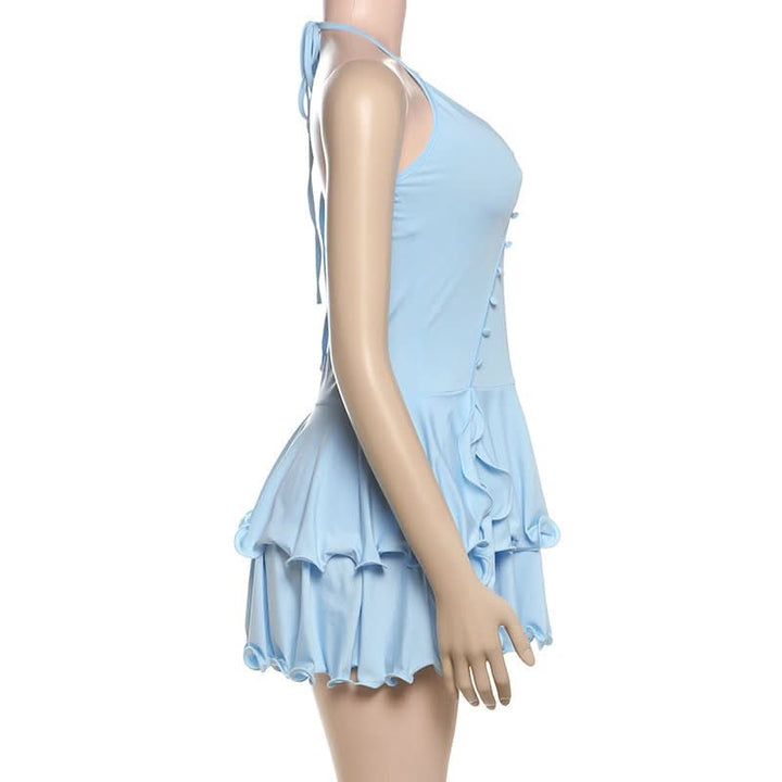 Ruffle halter self tie v neck button mini dress  | Festival Outfits Women
