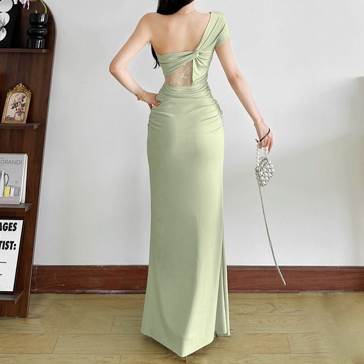 Ruched lace one shoulder irregular maxi dress  | Festival Outfits Women