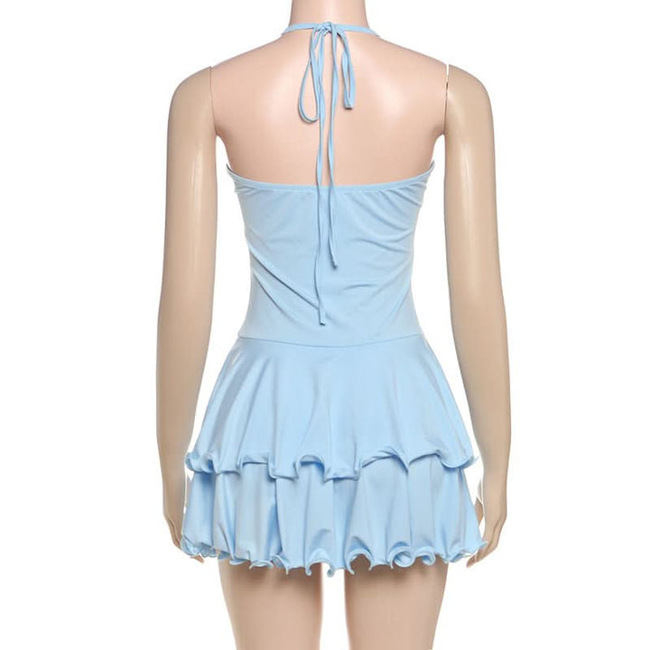 Ruffle halter self tie v neck button mini dress  | Festival Outfits Women