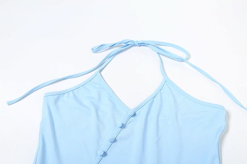 Ruffle halter self tie v neck button mini dress  | Festival Outfits Women