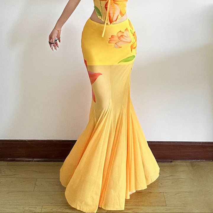 Ruched flower print mesh maxi skirt  | Festival Outfits Women