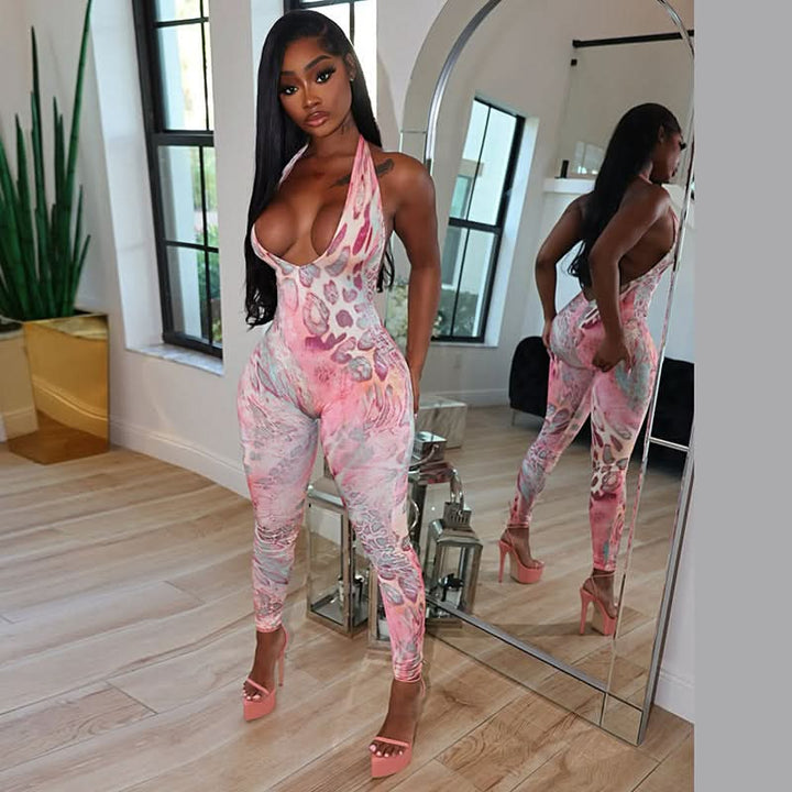 Leopard print halter v neck backless jumpsuit  | Festival Outfits Women