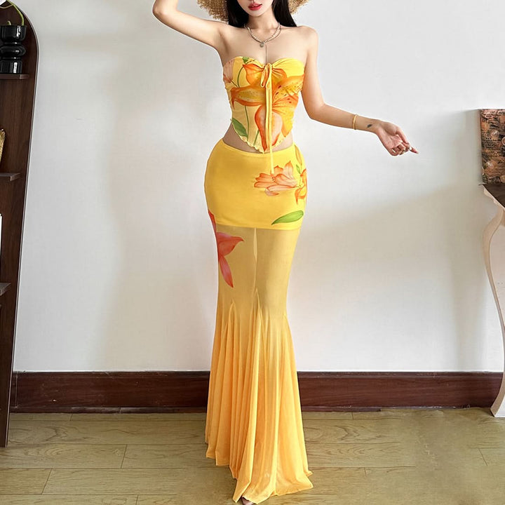 Ruched flower print mesh maxi skirt  | Festival Outfits Women