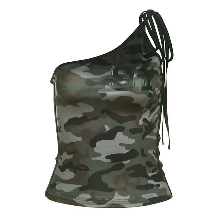 One shoulder self tie irregular camouflage top  | Festival Outfits Women
