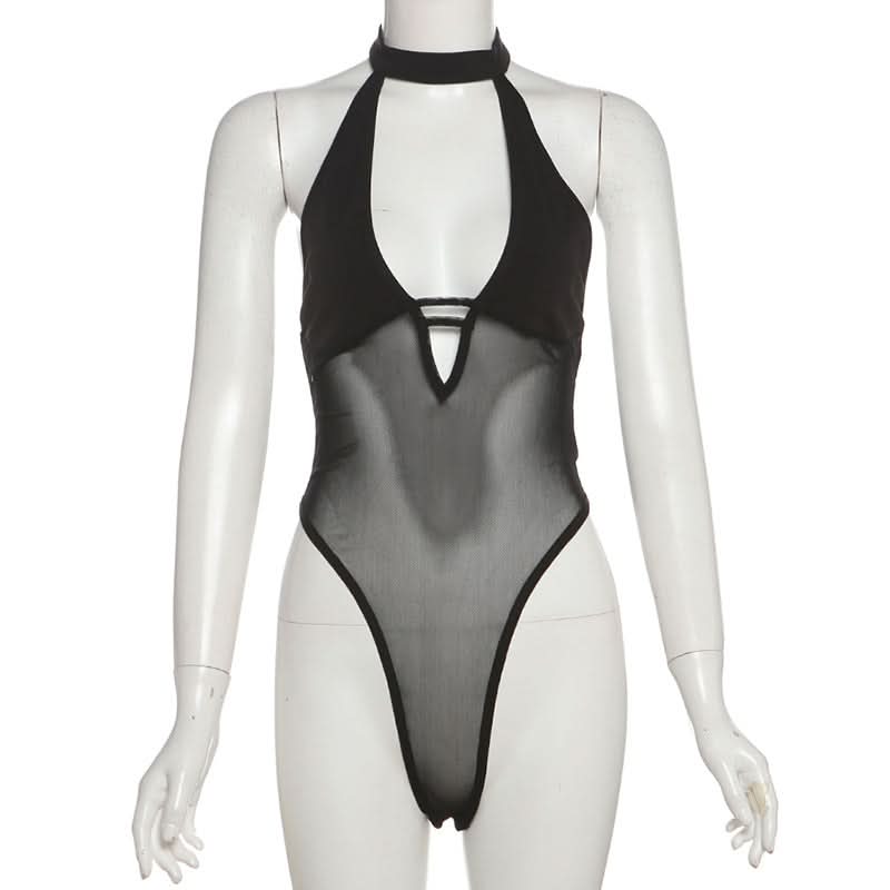 Button halter hollow out mesh v neck bodysuit  | Festival Outfits Women-final-sale
