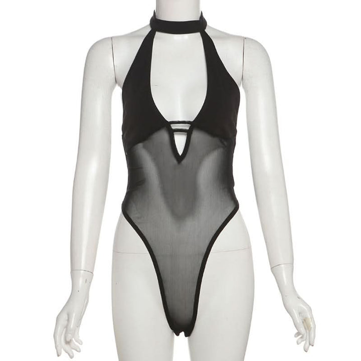 Button halter hollow out mesh v neck bodysuit  | Festival Outfits Women-final-sale