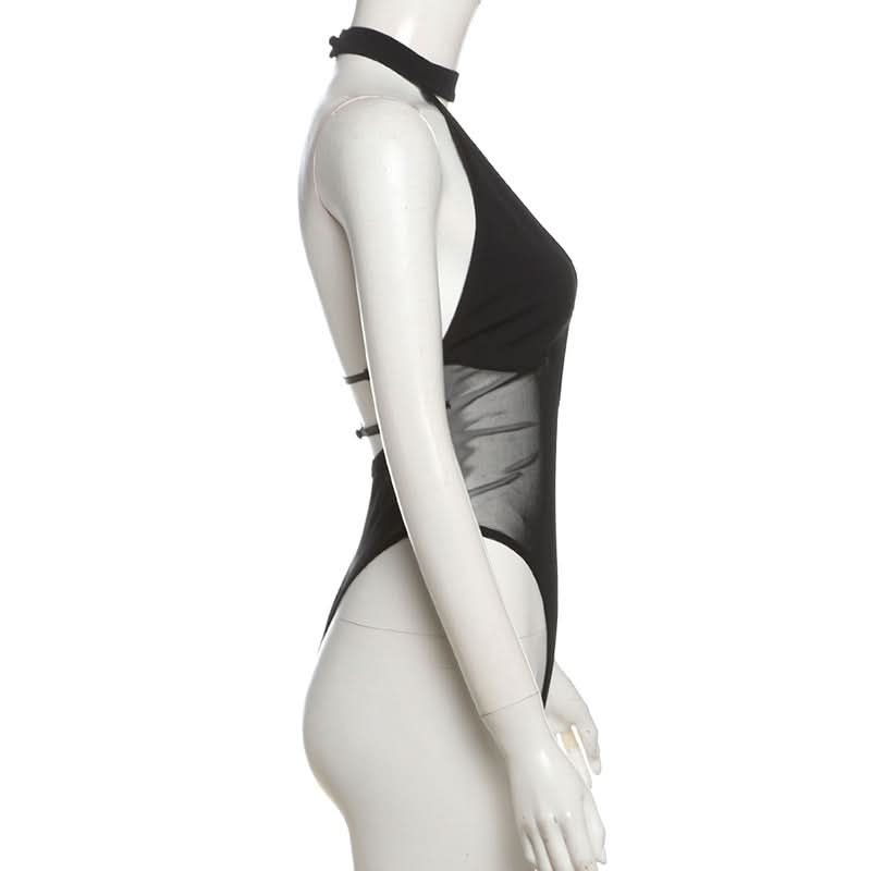 Button halter hollow out mesh v neck bodysuit  | Festival Outfits Women-final-sale