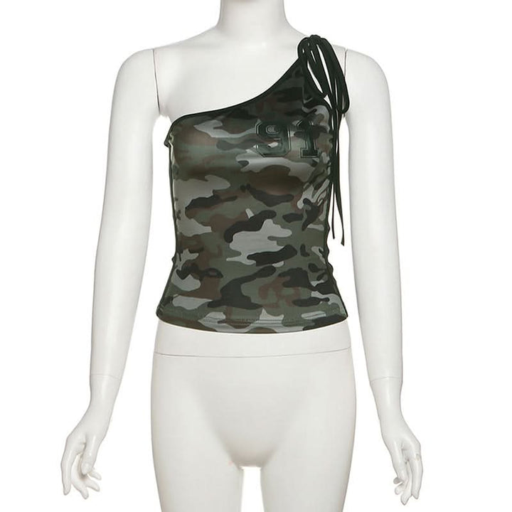 One shoulder self tie irregular camouflage top  | Festival Outfits Women