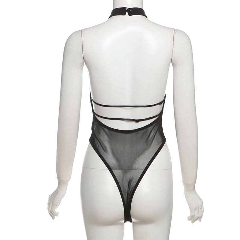 Button halter hollow out mesh v neck bodysuit  | Festival Outfits Women-final-sale