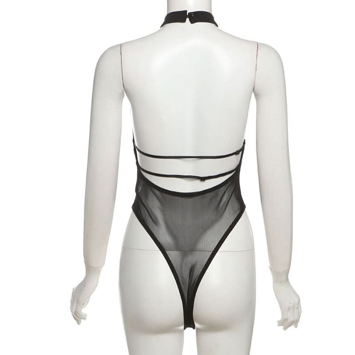Button halter hollow out mesh v neck bodysuit  | Festival Outfits Women-final-sale