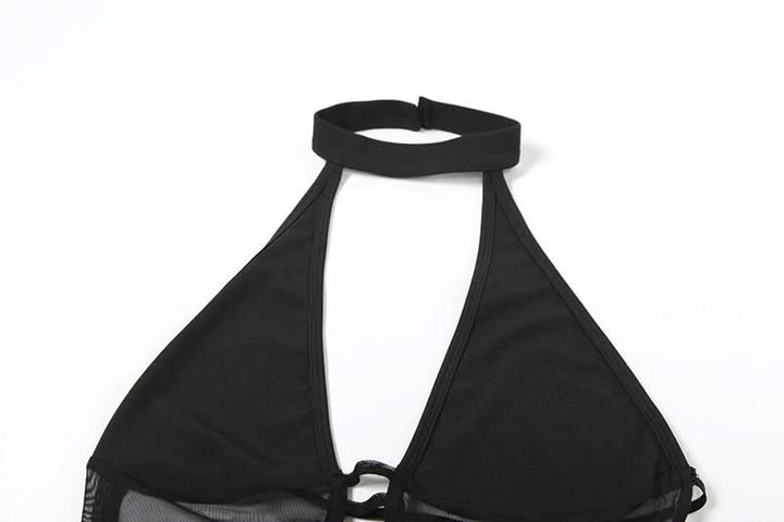 Button halter hollow out mesh v neck bodysuit  | Festival Outfits Women-final-sale