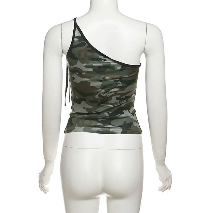 One shoulder self tie irregular camouflage top  | Festival Outfits Women