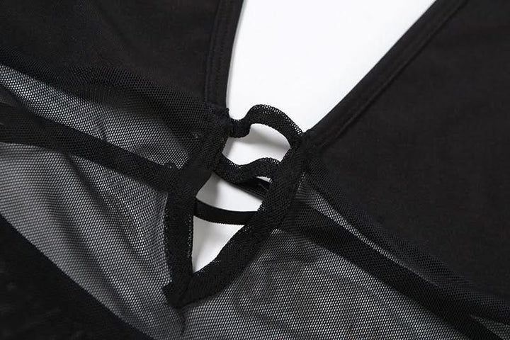 Button halter hollow out mesh v neck bodysuit  | Festival Outfits Women-final-sale