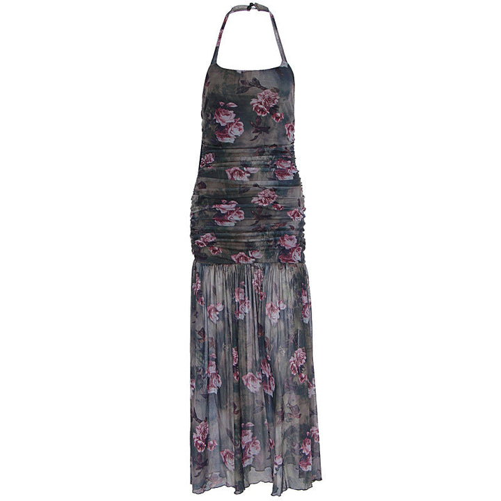 Halter flower print mesh ruched maxi dress  | Festival Outfits Women