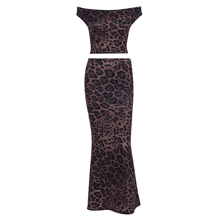 Leopard print off shoulder lace up maxi skirt set  | Festival Outfits Women