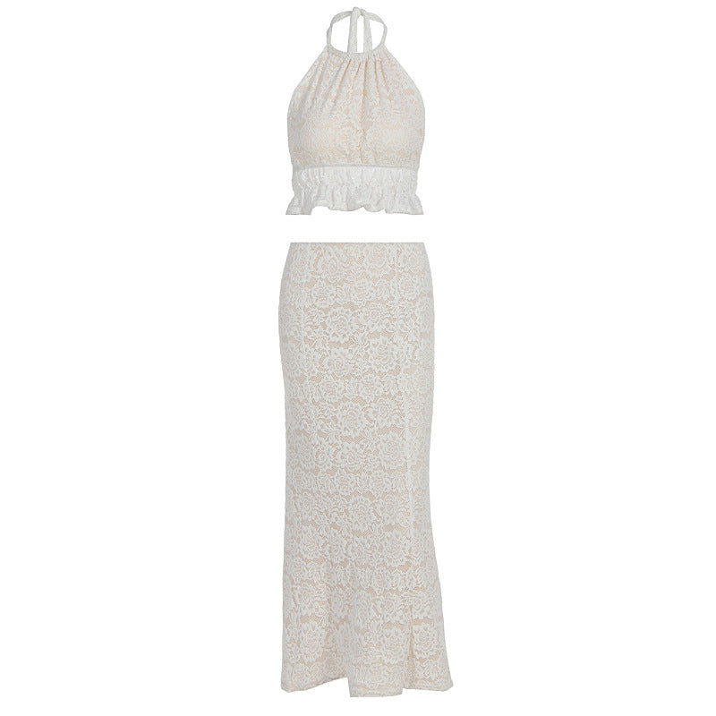 Halter lace ruffle self tie backless maxi skirt set  | Festival Outfits Women