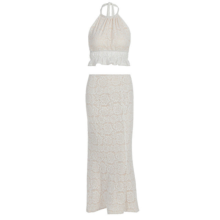 Halter lace ruffle self tie backless maxi skirt set  | Festival Outfits Women