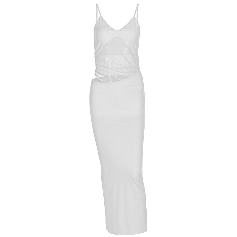 Mesh patchwork hollow out cami cut out maxi dress  | Festival Outfits Women
