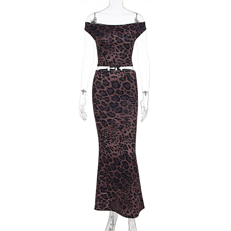 Leopard print off shoulder lace up maxi skirt set  | Festival Outfits Women