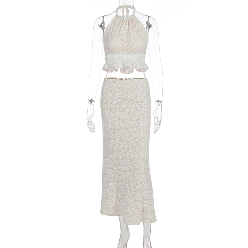Halter lace ruffle self tie backless maxi skirt set  | Festival Outfits Women