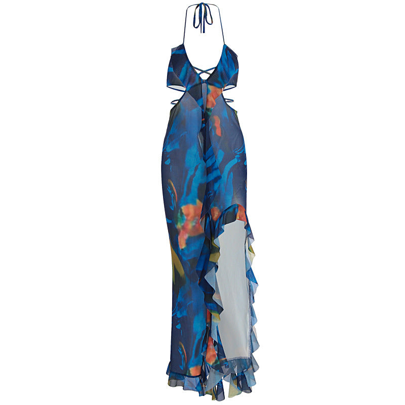 V neck halter ruffle self tie slit print maxi dress  | Festival Outfits Women