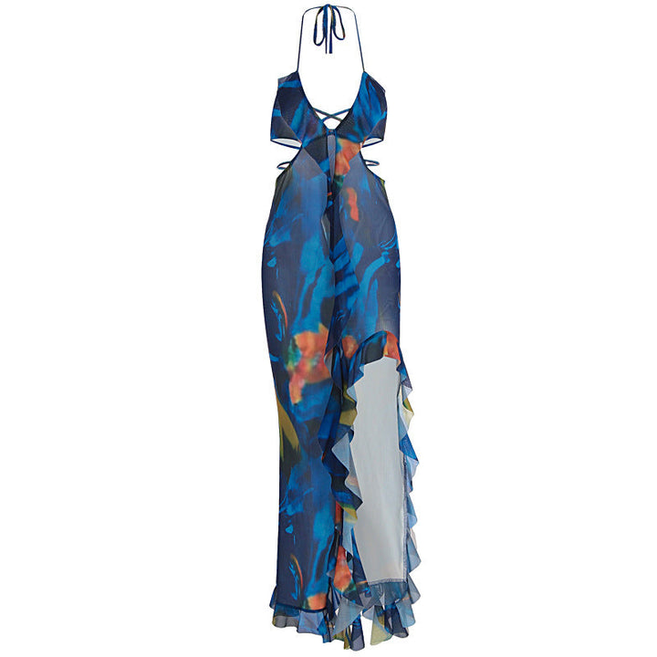 V neck halter ruffle self tie slit print maxi dress  | Festival Outfits Women