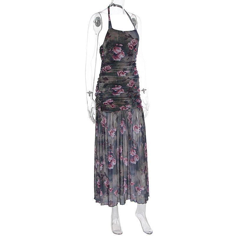 Halter flower print mesh ruched maxi dress  | Festival Outfits Women