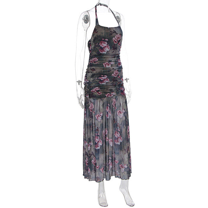 Halter flower print mesh ruched maxi dress  | Festival Outfits Women