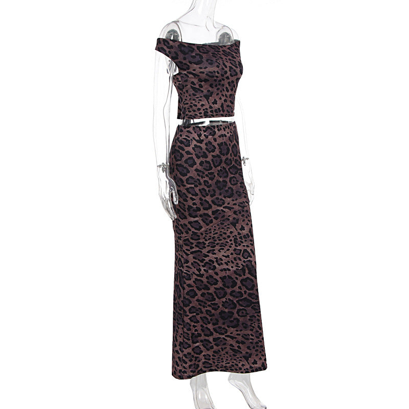 Leopard print off shoulder lace up maxi skirt set  | Festival Outfits Women