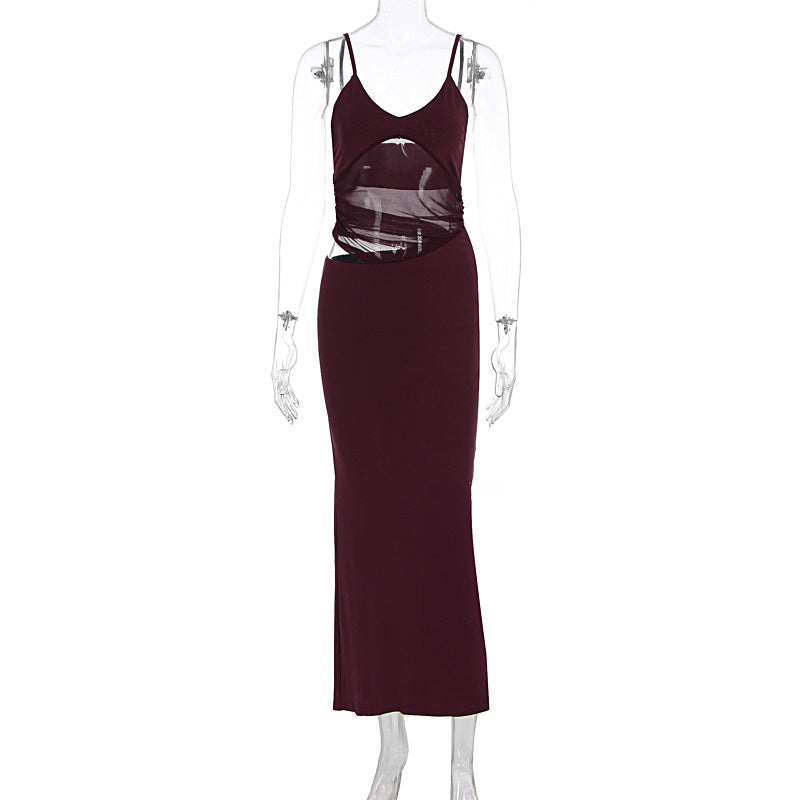 Mesh patchwork hollow out cami cut out maxi dress  | Festival Outfits Women