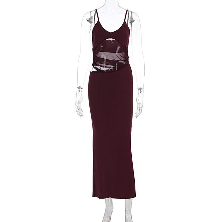 Mesh patchwork hollow out cami cut out maxi dress  | Festival Outfits Women