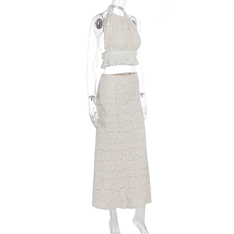 Halter lace ruffle self tie backless maxi skirt set  | Festival Outfits Women