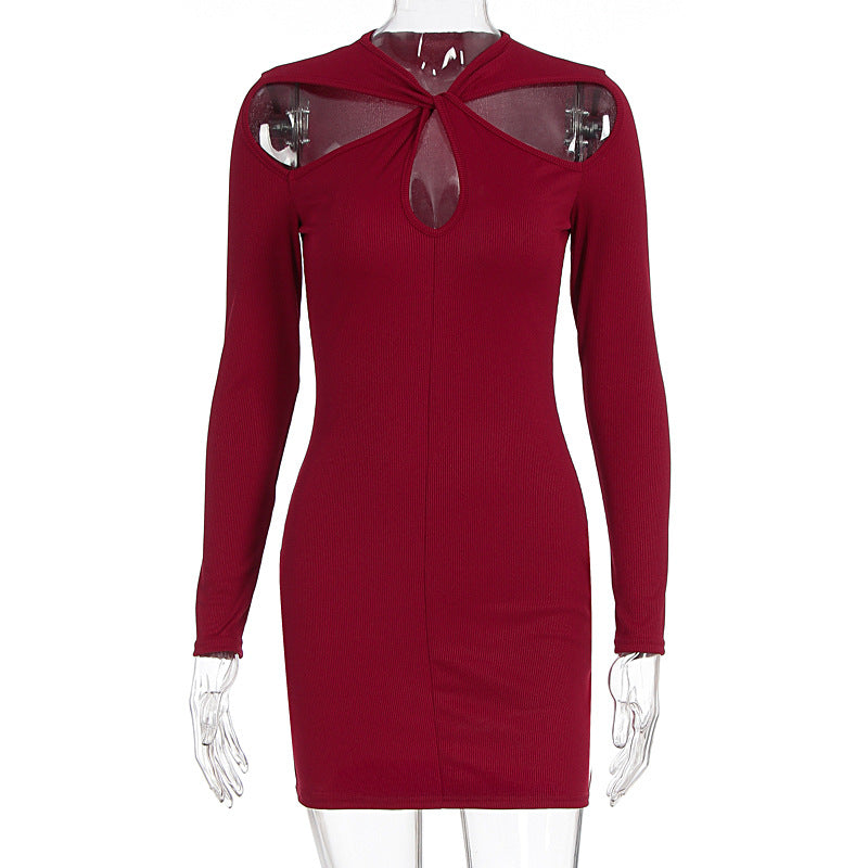 Long sleeve hollow out solid cut out mini dress  | Festival Outfits Women