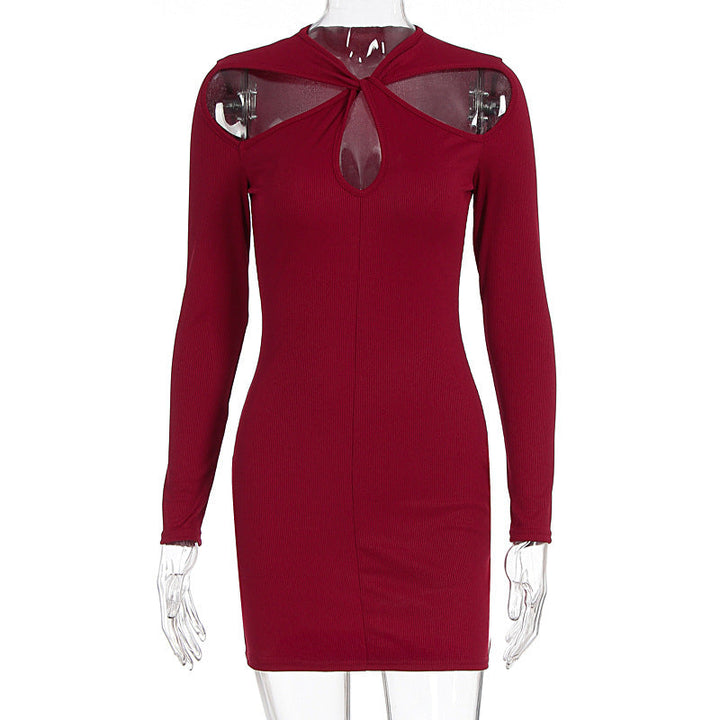 Long sleeve hollow out solid cut out mini dress  | Festival Outfits Women