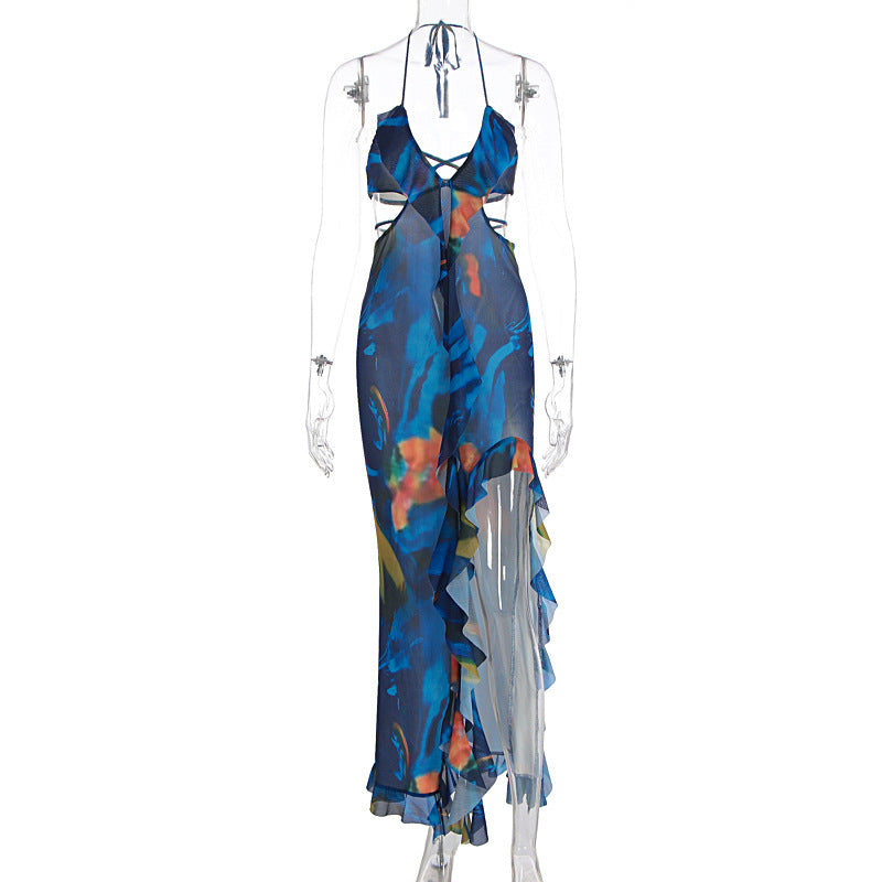 V neck halter ruffle self tie slit print maxi dress  | Festival Outfits Women