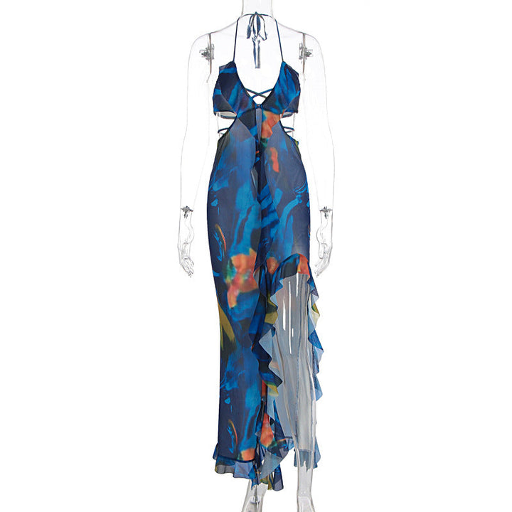 V neck halter ruffle self tie slit print maxi dress  | Festival Outfits Women