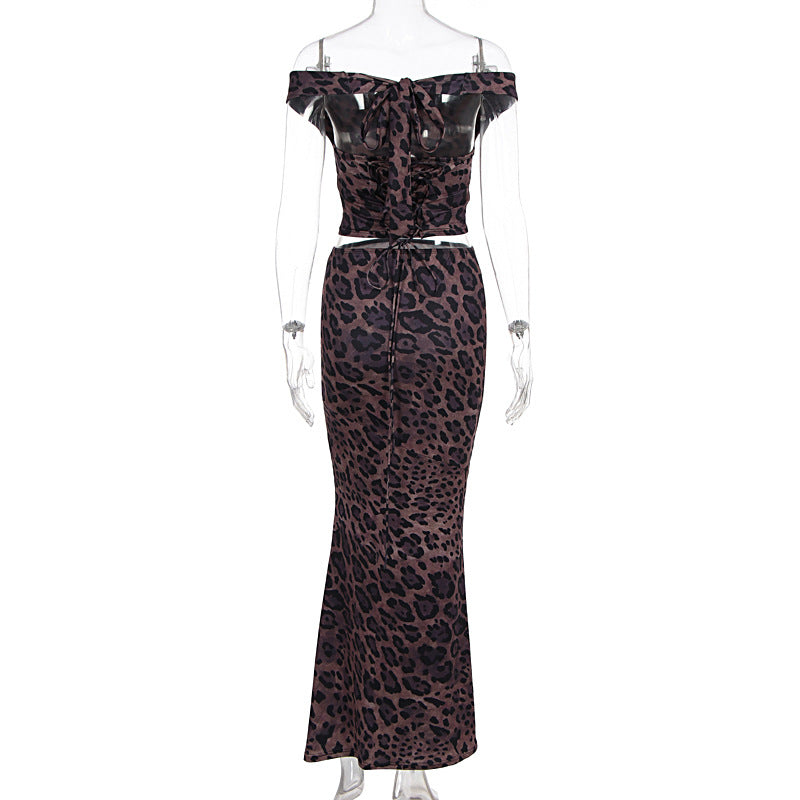 Leopard print off shoulder lace up maxi skirt set  | Festival Outfits Women