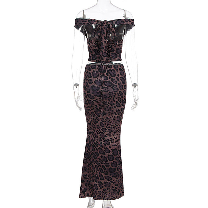 Leopard print off shoulder lace up maxi skirt set  | Festival Outfits Women