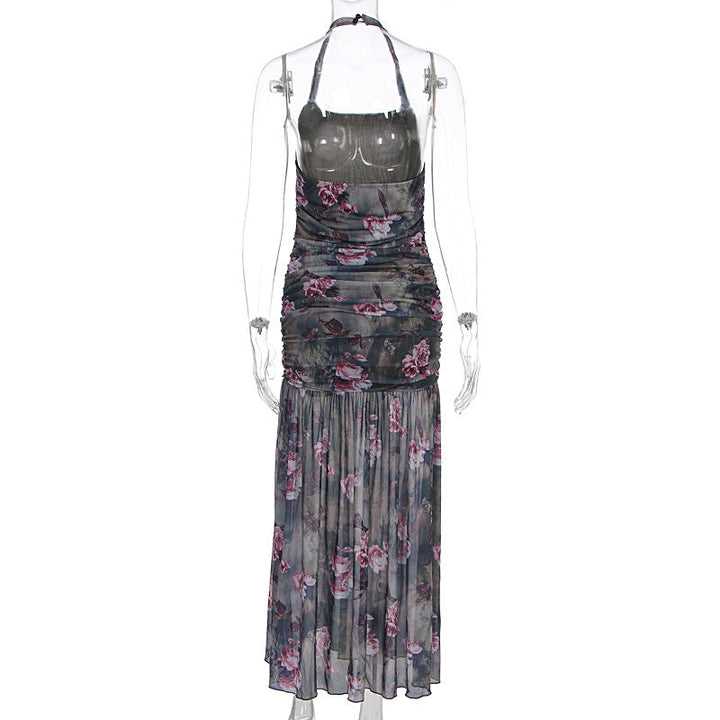 Halter flower print mesh ruched maxi dress  | Festival Outfits Women