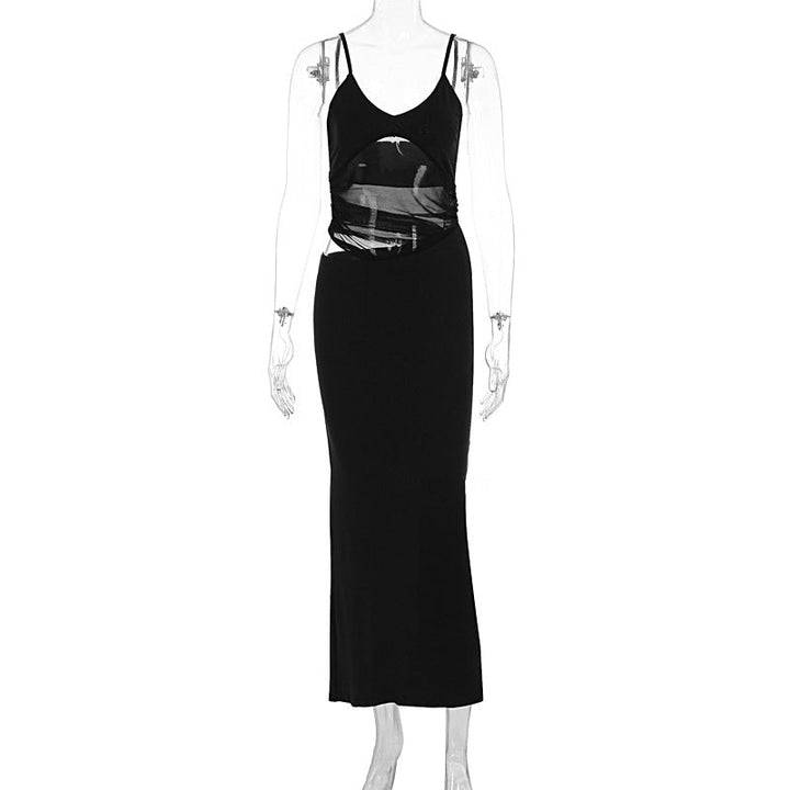 Mesh patchwork hollow out cami cut out maxi dress  | Festival Outfits Women