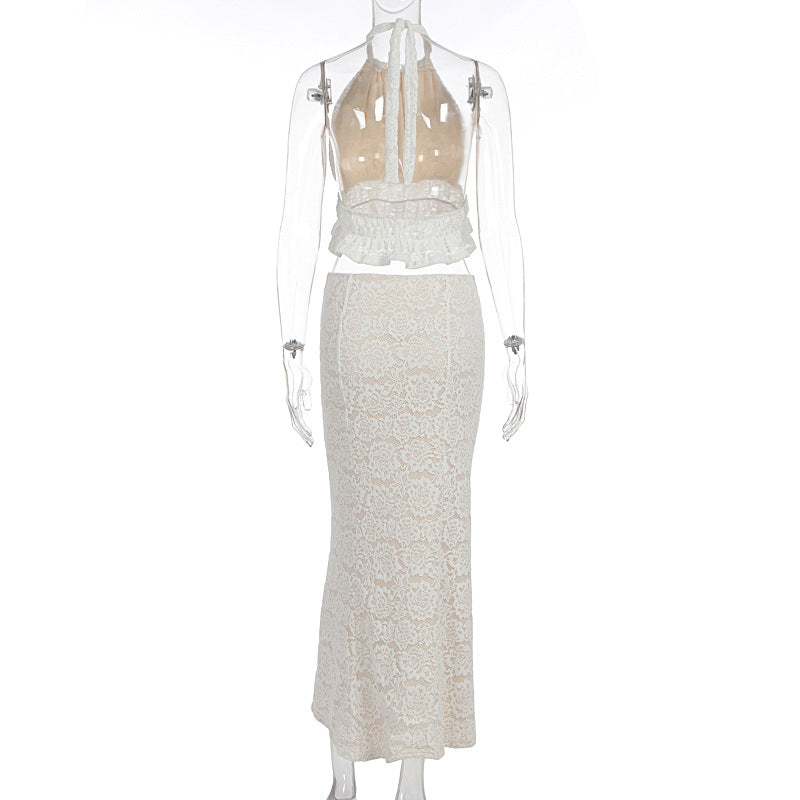 Halter lace ruffle self tie backless maxi skirt set  | Festival Outfits Women