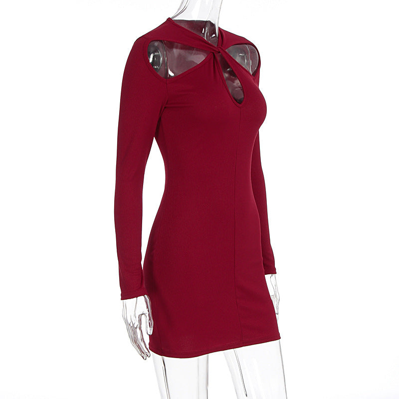 Long sleeve hollow out solid cut out mini dress  | Festival Outfits Women