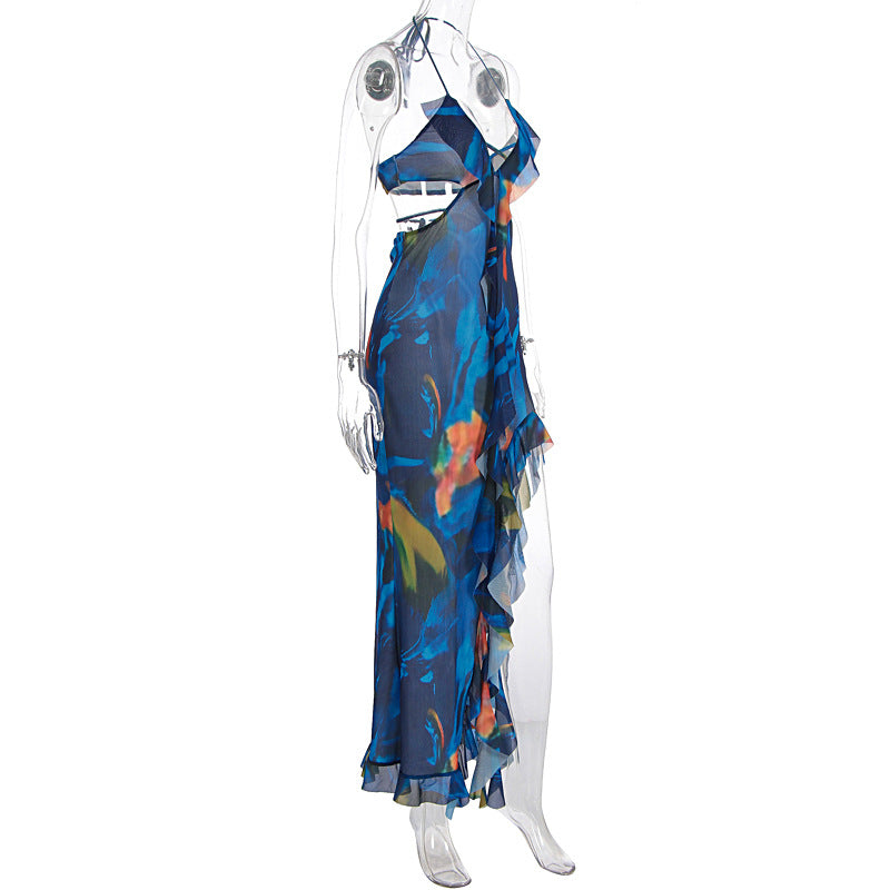 V neck halter ruffle self tie slit print maxi dress  | Festival Outfits Women