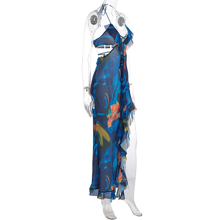 V neck halter ruffle self tie slit print maxi dress  | Festival Outfits Women