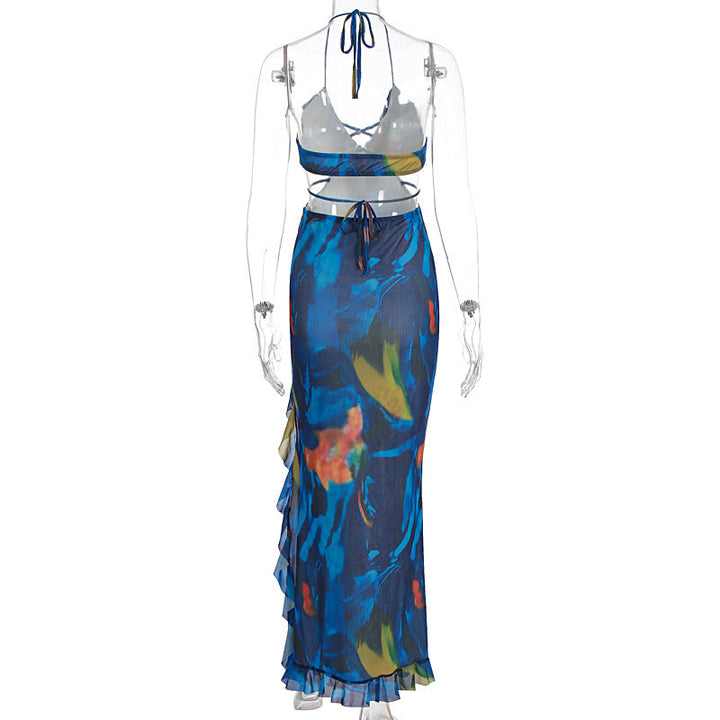 V neck halter ruffle self tie slit print maxi dress  | Festival Outfits Women